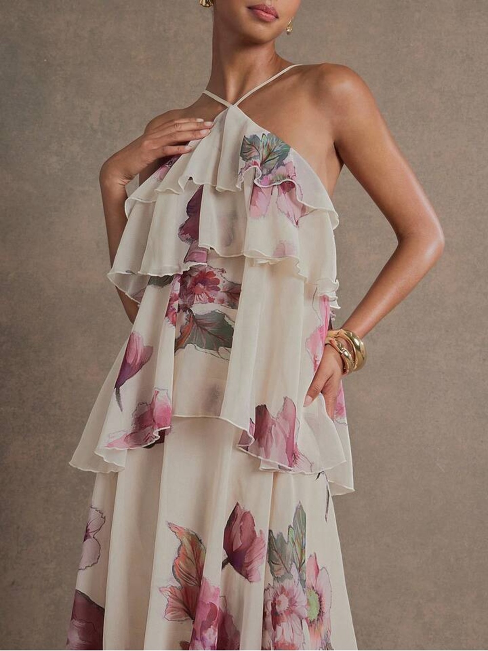 Ivory Floral Tiered Halter Maxi Dress - Picture 4 of 6